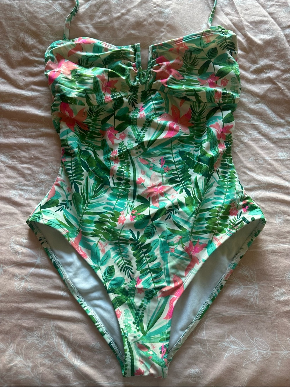 Old Navy Green Tropical One-Piece Swimsuit with Pink Accents